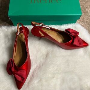 Red Patent Slingback Kitten Heel Pumps with Bow - Women Shoes sz 7 ,slight flaw